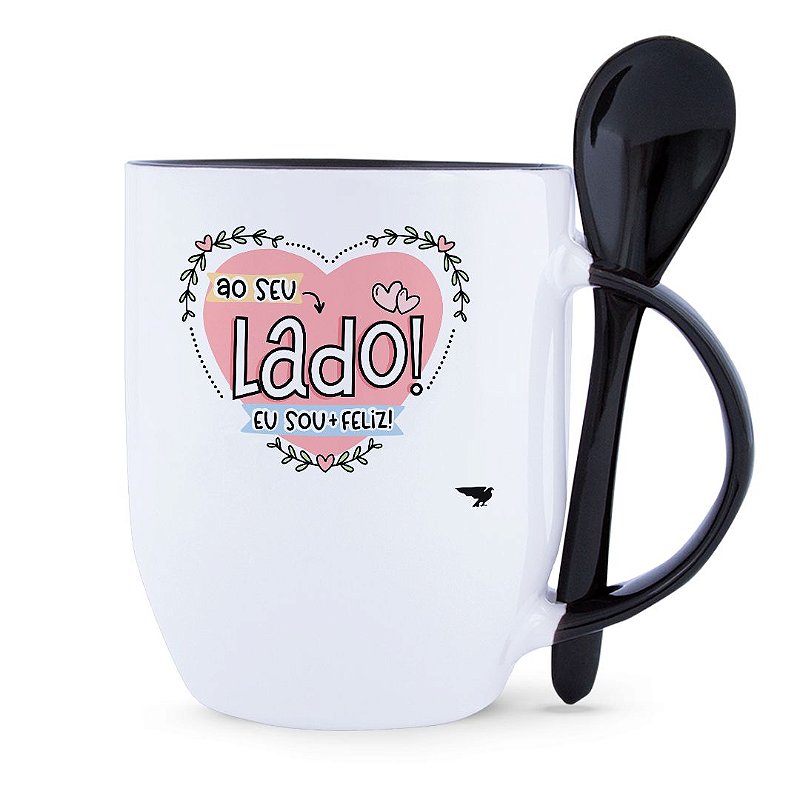 Caneca Namorados, Branca com Colher e Interior Preta,  325ml, Personalizada - Darosaa