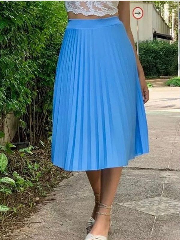 Saia Mídi Plissada - Azul Turquesa - M - Donna Vanda Modas|Saias e Vestidos  - Moda Social e Evangélica