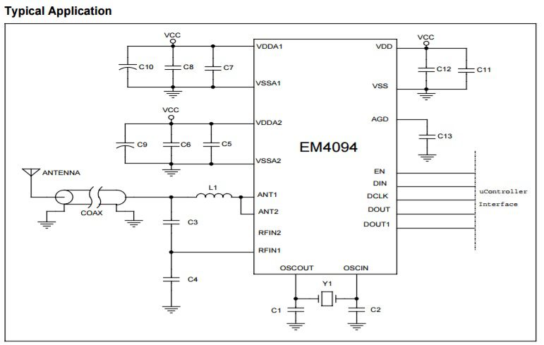 RFID front end para leitor, 13.56MHz, compatível ISO 15693 e ISO 14443A ...