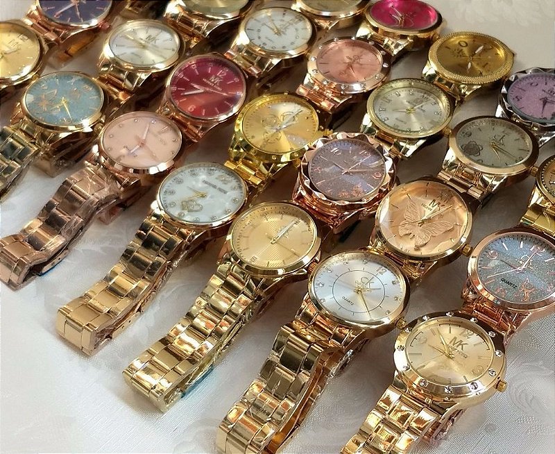 Kit 05 Relógios Femininos Dourados Em Aço Baratinhos