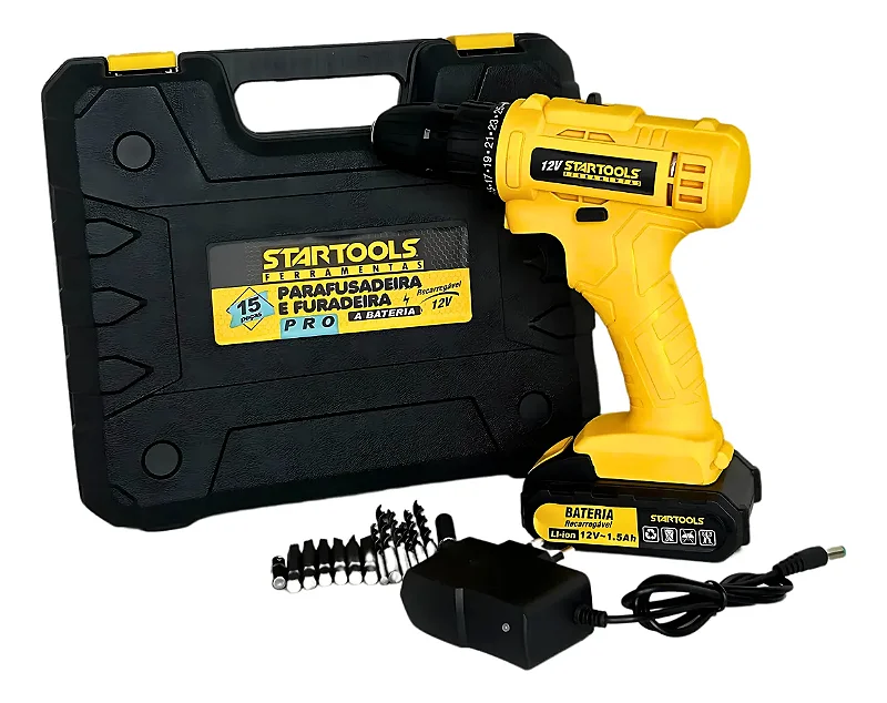 Parafusadeira e Furadeira Pro 12V + 15 Peças Startools - Zzat Full