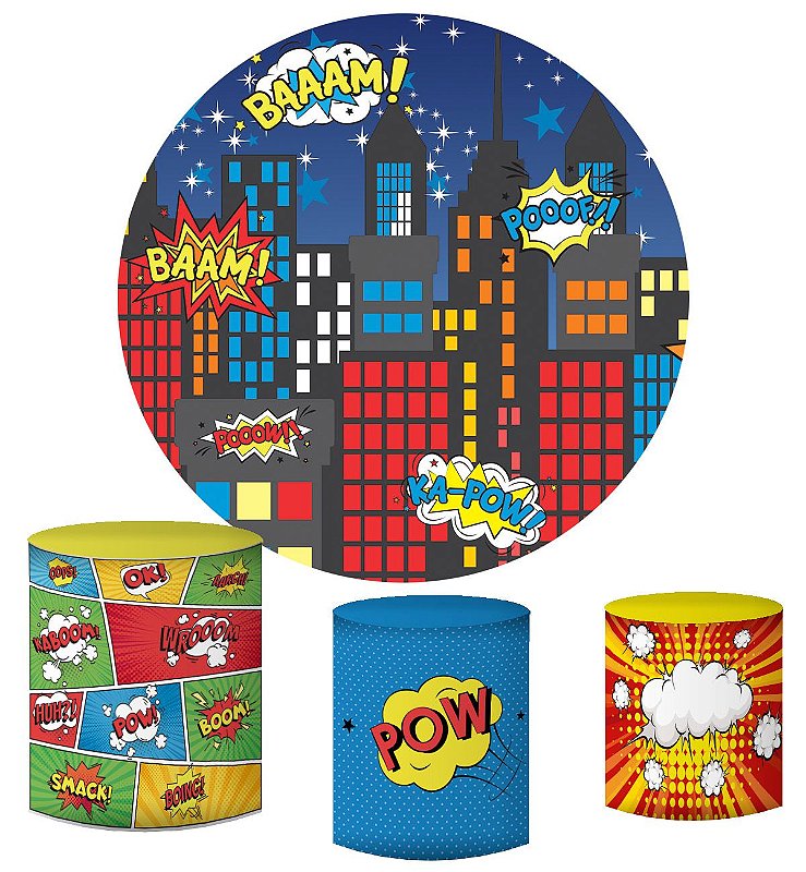 Kit Painel Redondo De Festa e Capas de Cilindro em tecido Cidade ...