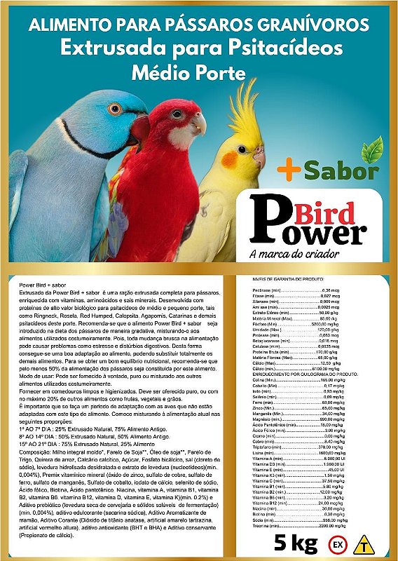 Extrusada + Sabor Psitacídeos 5kg | Power Bird - Comercial Penna