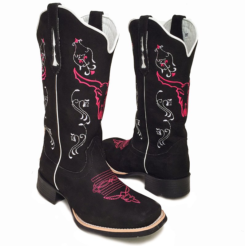 em Couro Bota Texana Feminina Couro Peto Boi Rosa Bico Quadrado