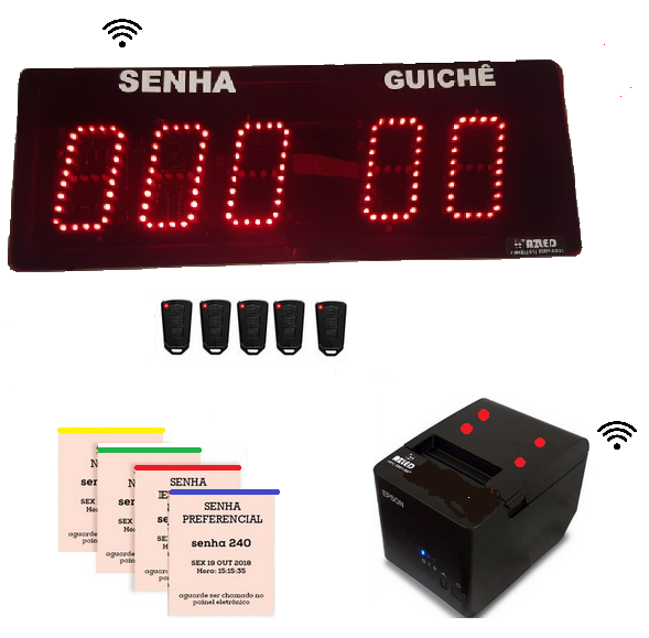 Painel de senha  e guichê 12 cm com 5 acionadores com Impressora   de 4 Setores ou Serviços