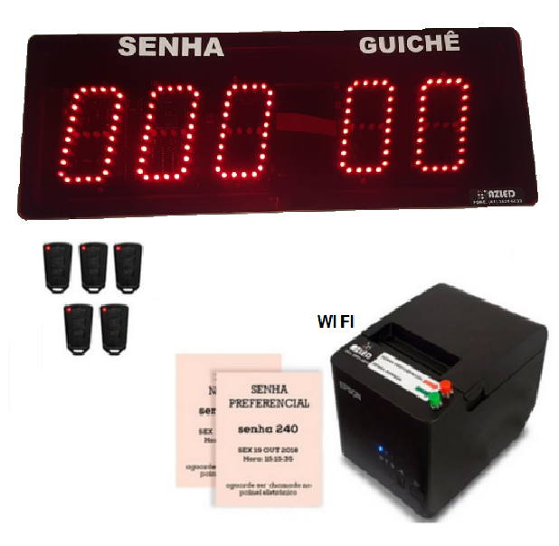Painel de senha  e guichê 12 cm com 5 acionadores com Impressora   de Senhas Normal e  Preferencial