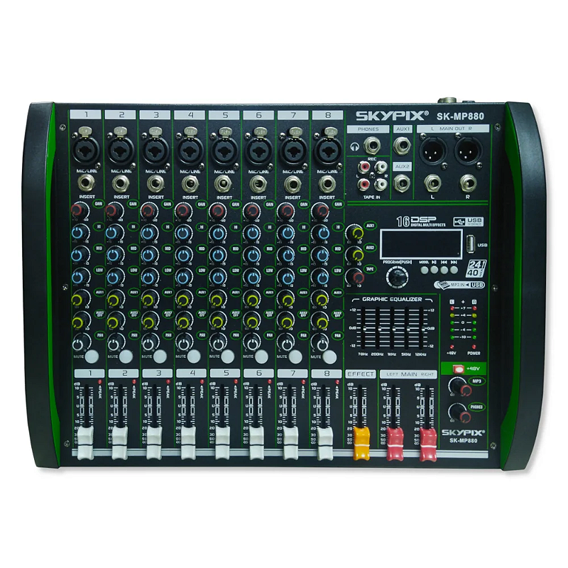 Mesa de som 8 Canais Skypix SK-MP880 PLUS 16 efeitos 2 auxiliares