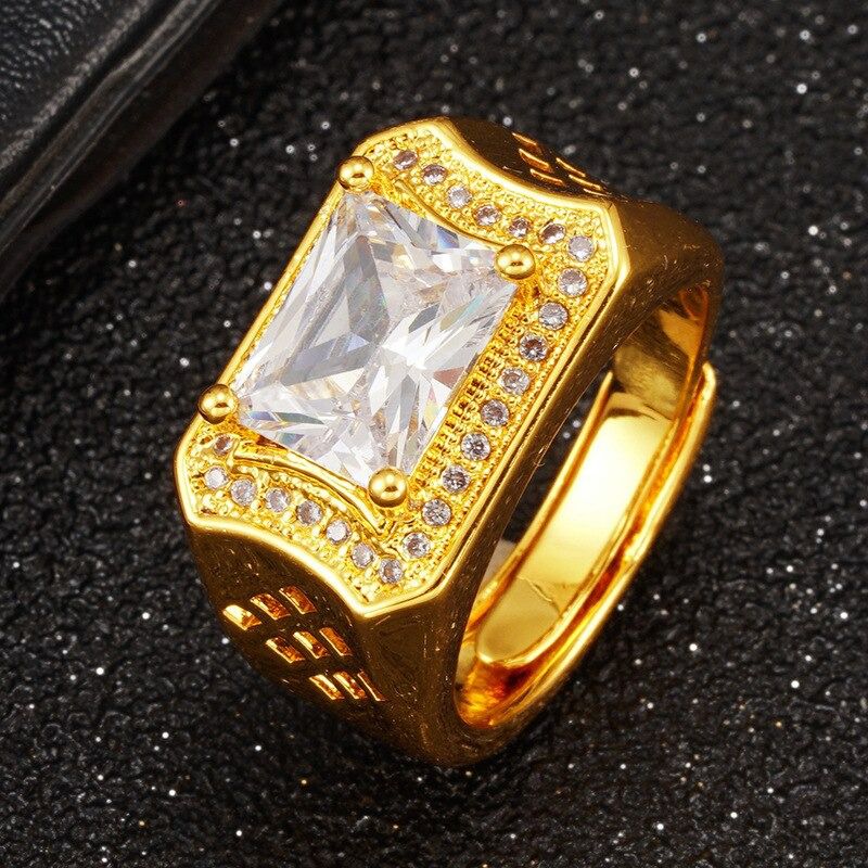 Anel Masculino Banhado a Ouro 18K Ajustável com Pedra Zircônia - Anéis ...