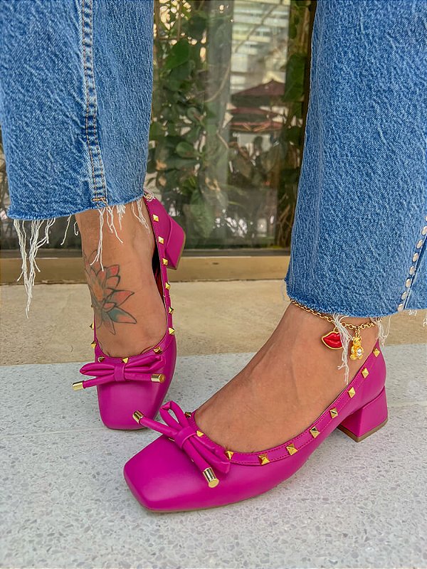 Sapato Salto Bloco Frida Velvet Pink