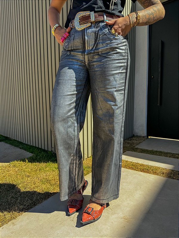 Calça jeans Preto & Prata metalizado