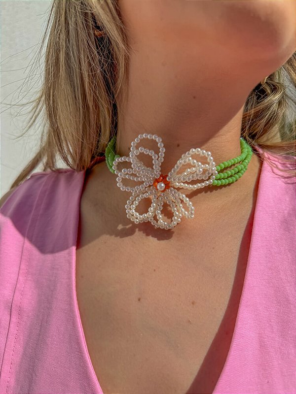 Colar em Cristais Flor Off White