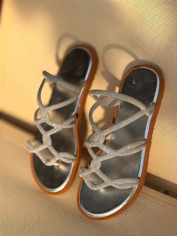 Sandália Flat Jude Prata com Brilhantes