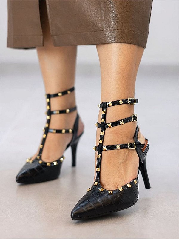 Scarpin Frida Preto com Tiras e Spikes
