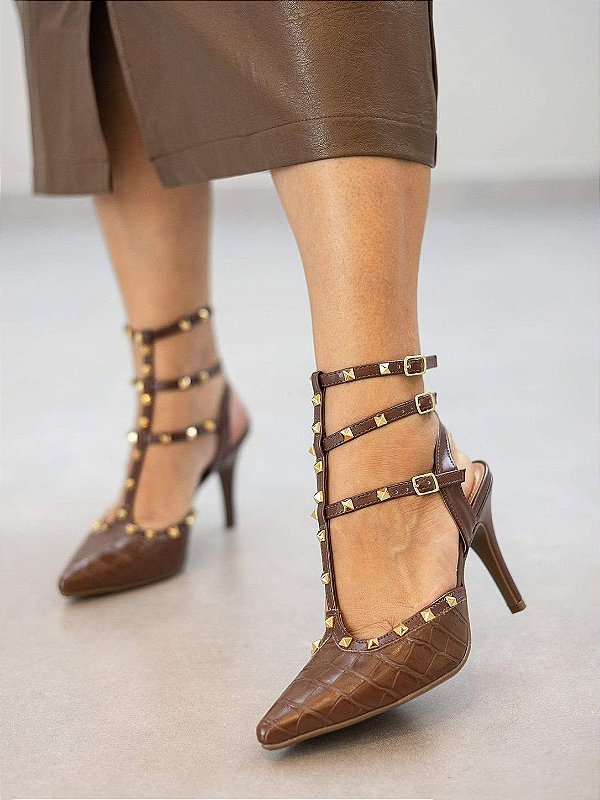 Scarpin Frida Marrom com Tiras e Spikes