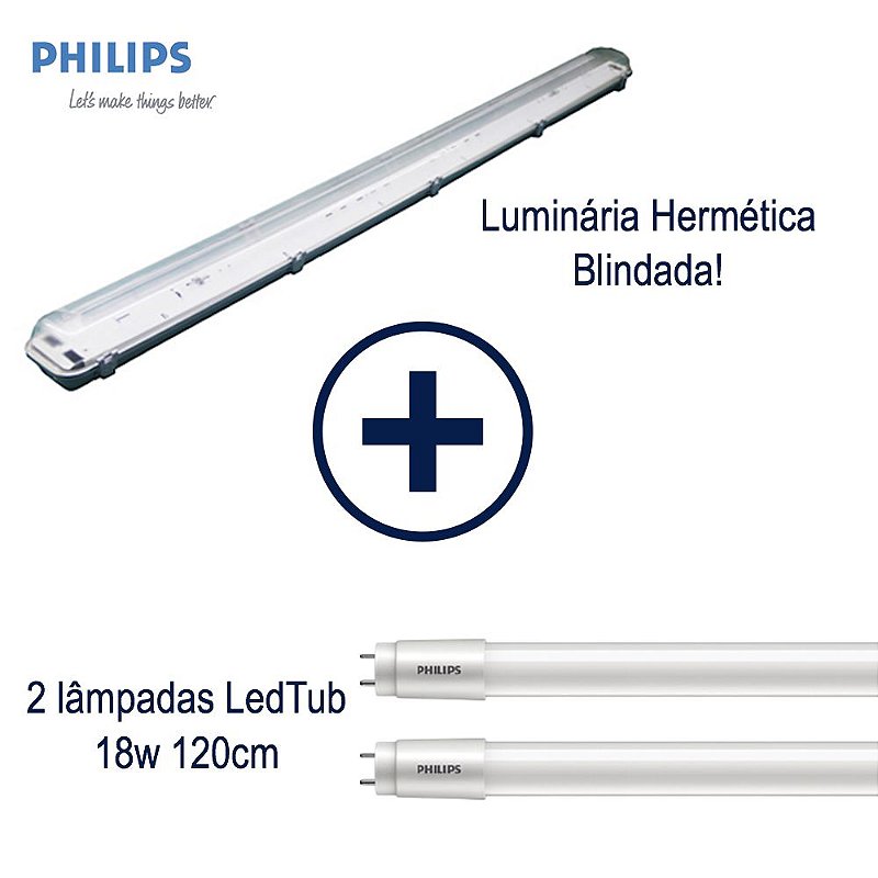Kit Luminária Hermética Blindada + 2 Lâmpadas 18w Tubular Philips Iluminação LED