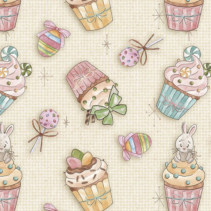 Tricoline Digital Cupcake Fundo Bege, 100% Alg 50cm x 1,50mt