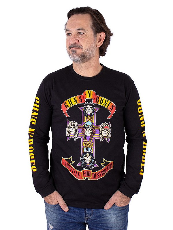 Camiseta Manga Longa Guns N Roses Preta Oficial Viva a Vida com Arte Viva com Art Rock