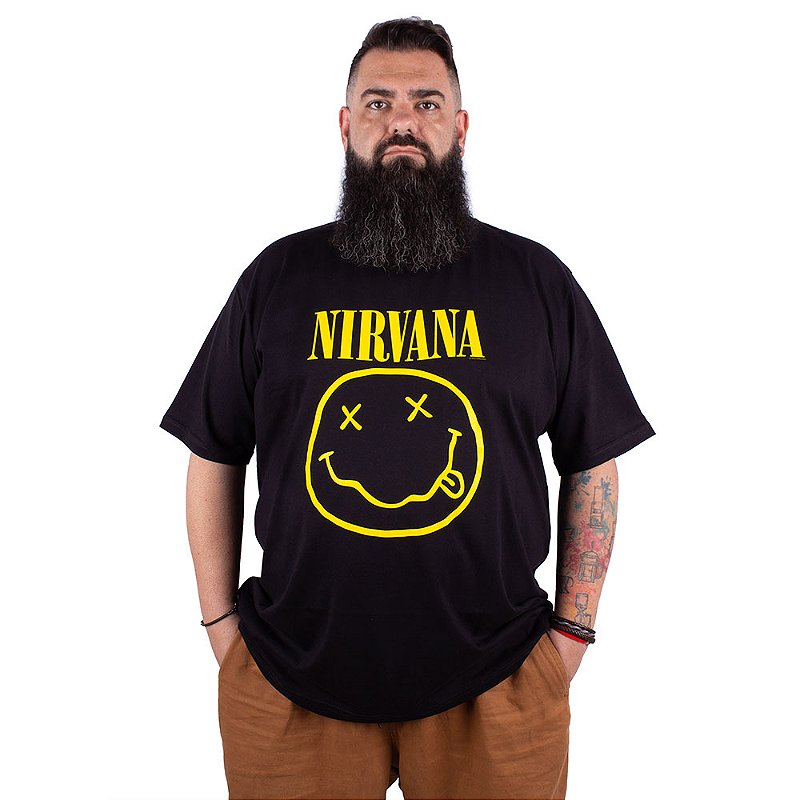 Camiseta Plus Size Nirvana Smile Preta - Art Rock Camisetas