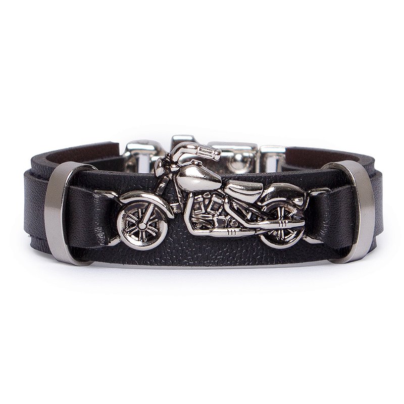 Pulseira Em Couro e Aço Inoxidável Moto Prata - Art Rock Camisetas