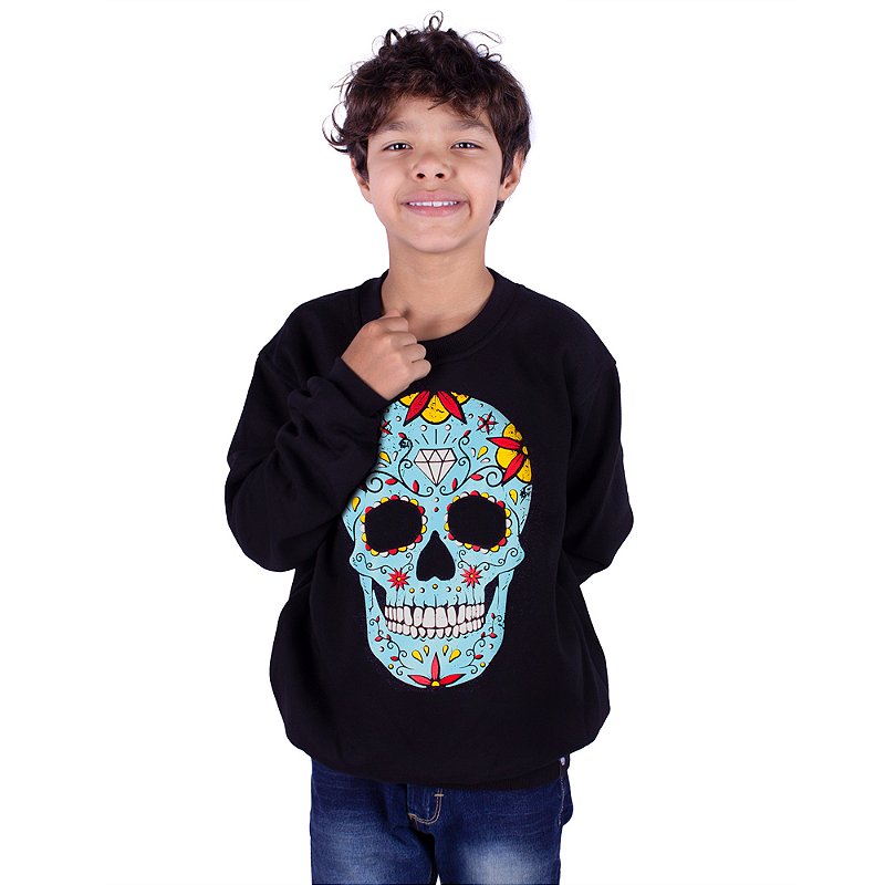 Moletom Careca Juvenil Caveira Mexicana Preto Art Rock