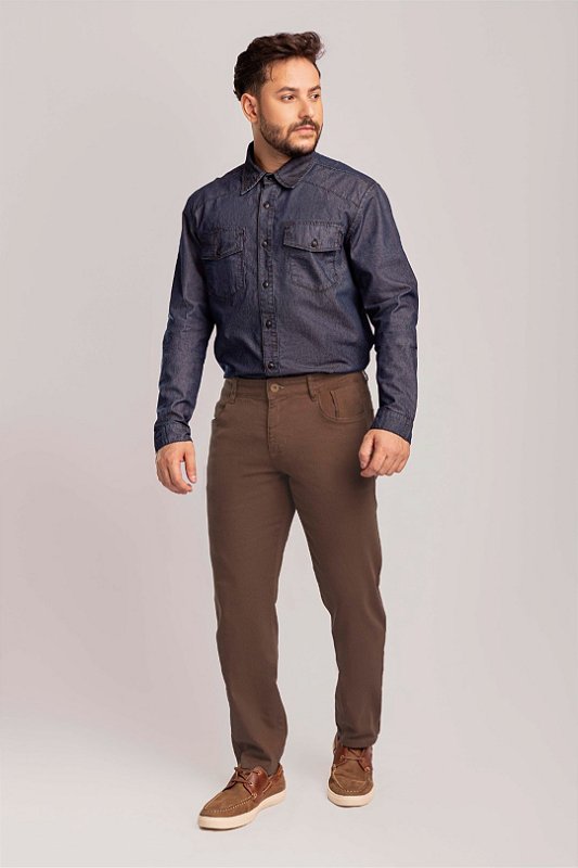 Calça Masculina Marrom Em Sarja Regular Slim Empório Jeans