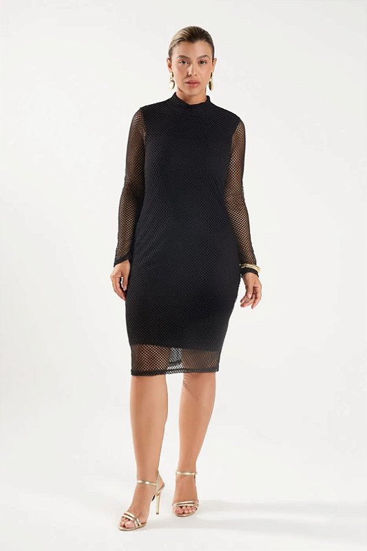 Vestido Preto Em Tela Com Manga Longa E Gola Alta Elegance All