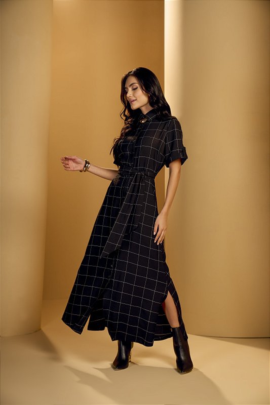Vestido Maxi Midi Chemise Xadrez Em Alfaiataria Com Viscose