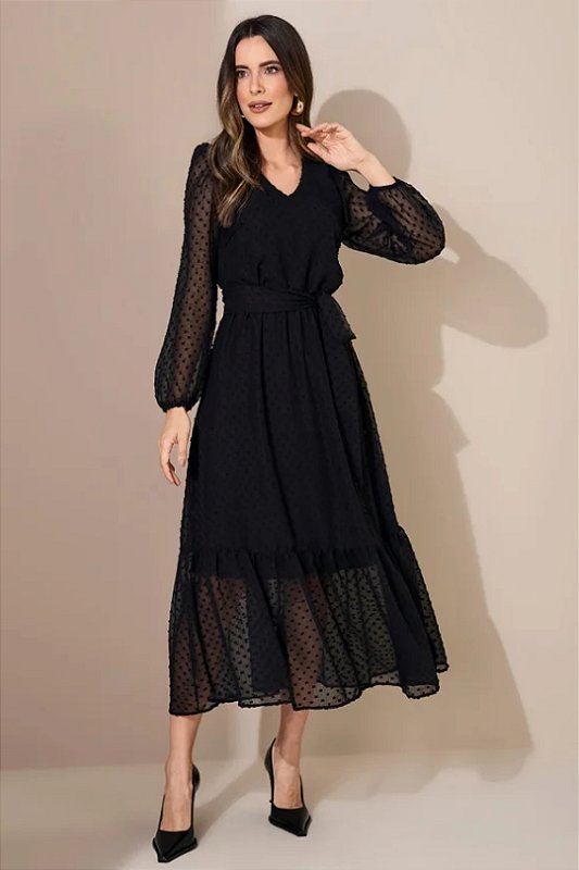 Vestido Maxi Midi Preto Em Chiffon Com Poá Acompanha Faixa