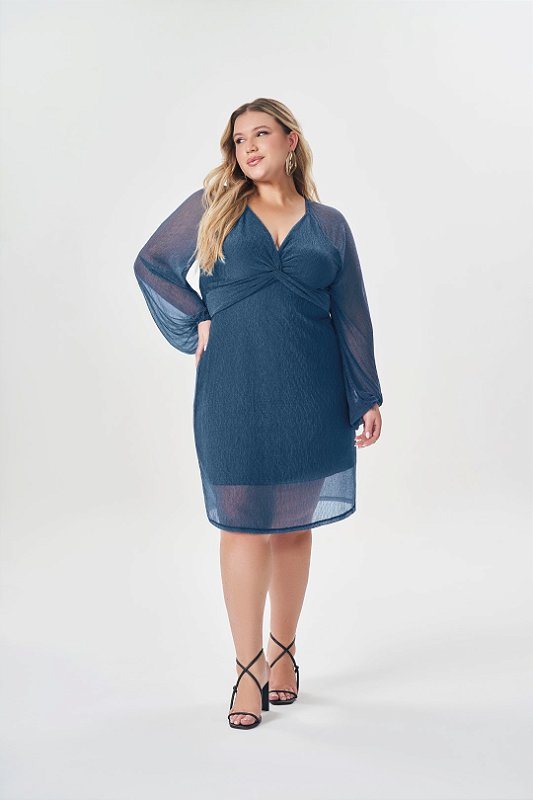 Vestido Plus Size Azul Em Mini Plissê Texturizado Com Lurex