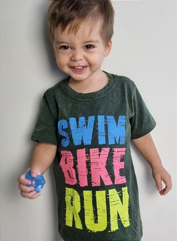 Camiseta Infantil Algodão Verde Marmorizado - Swim Bike Run