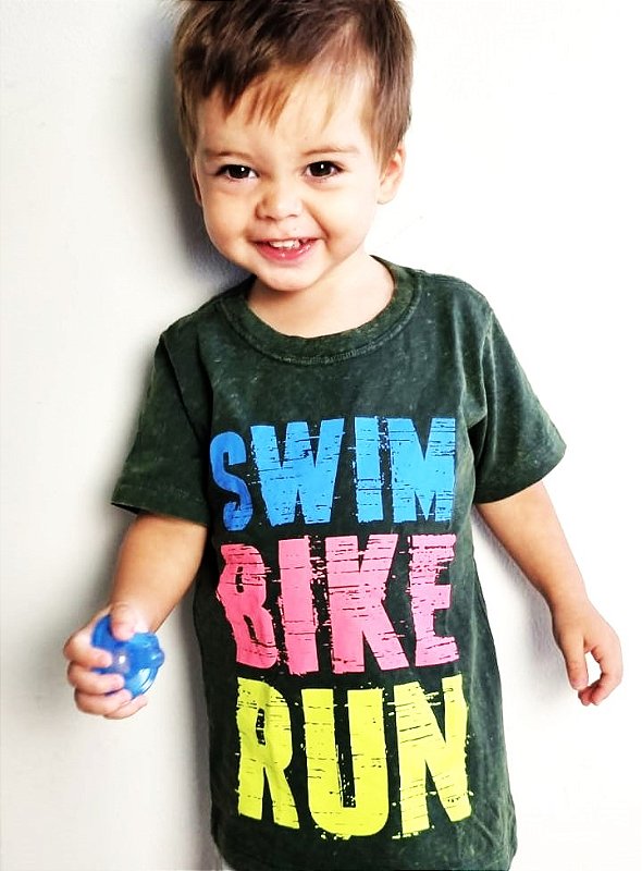 Camiseta Infantil Algodão Preto Marmorizado - Swim Bike Run