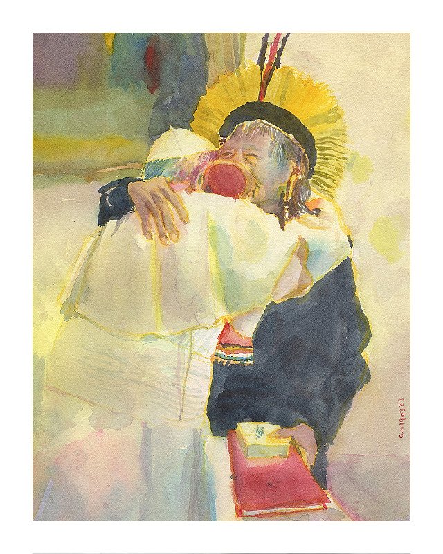 Papa Francisco e Cacique Raoni - Reprodução de Aquarela em Fine Art - Caetano Cury