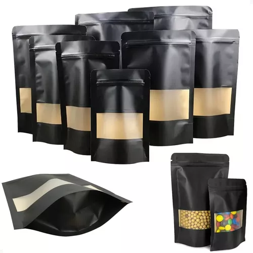 Saco Zip Lock Kraft Preto Stand Up Pouch C/ Visor 18x26 - 50un