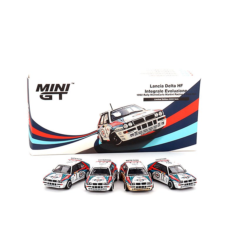 LEIA Set 4 Miniaturas Mini GT 1:64 Lancia Delta HF Evo Martini