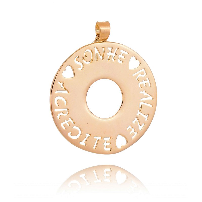 Pingente mandala sonhe, realize e acredite folheado a ouro 18k