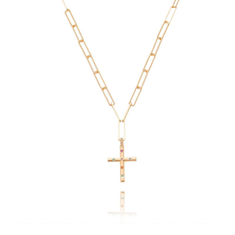 Gargantilha cruz com zircônia folheada a ouro 18k