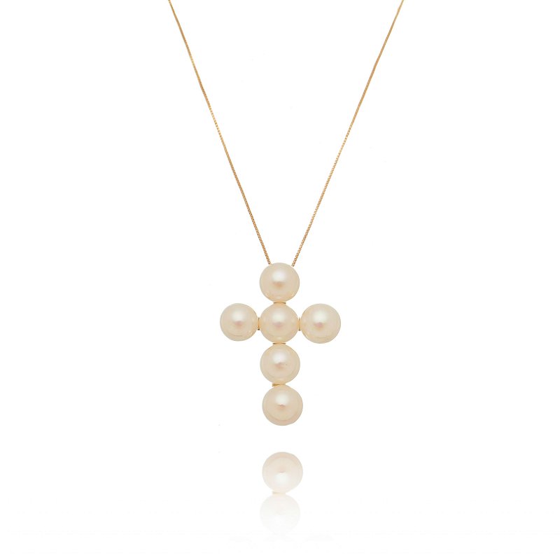 Gargantilha cruz com pérola folheada a ouro 18k