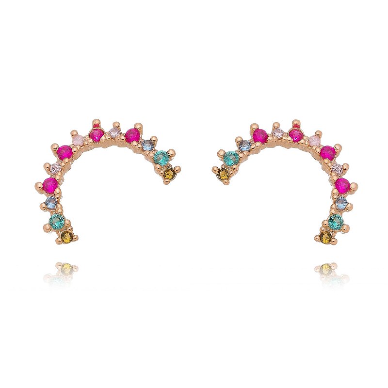 BRINCO CURVADO FOLHEADO A OURO 18K COM ZIRCÔNIAS COLORIDAS