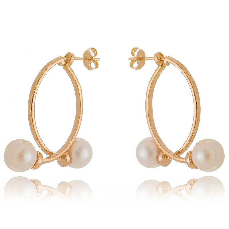 BRINCO DOIS ARCOS COM PÉROLAS NA PONTA FOLHEADO A OURO 18K