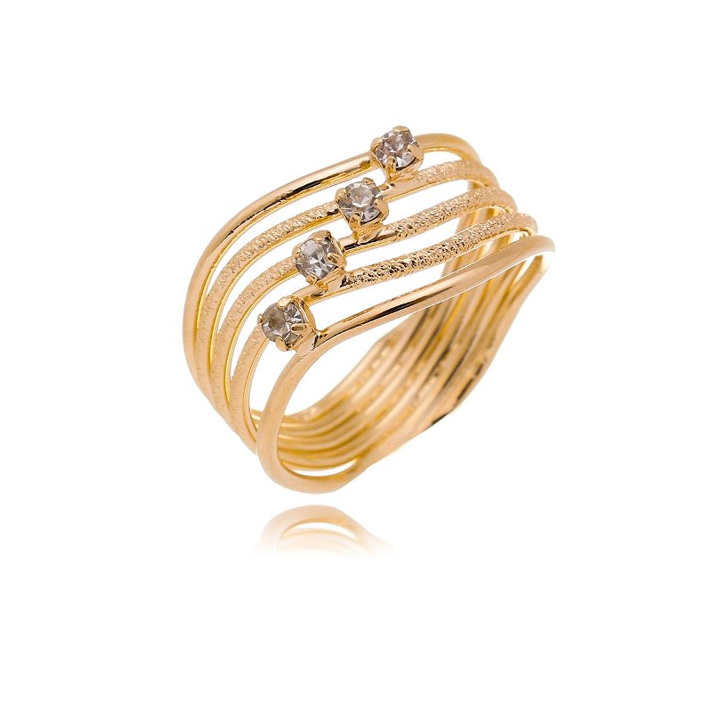 ANEL LARGO FOLHEADO A OURO 18K COM AROS LISOS E FOSCOS E COM PEDRAS DE STRASS