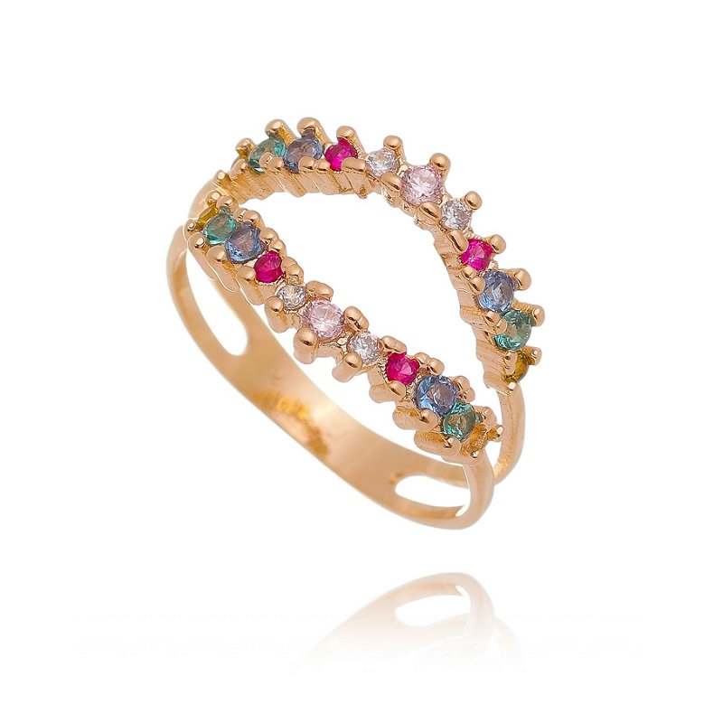 ANEL COM DUAS FILAS DE ZIRCÔNIAS COLORIDAS FOLHEADO A OURO 18K