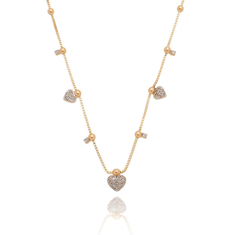 Gargantilha corações e bolinhas folheada a ouro 18k