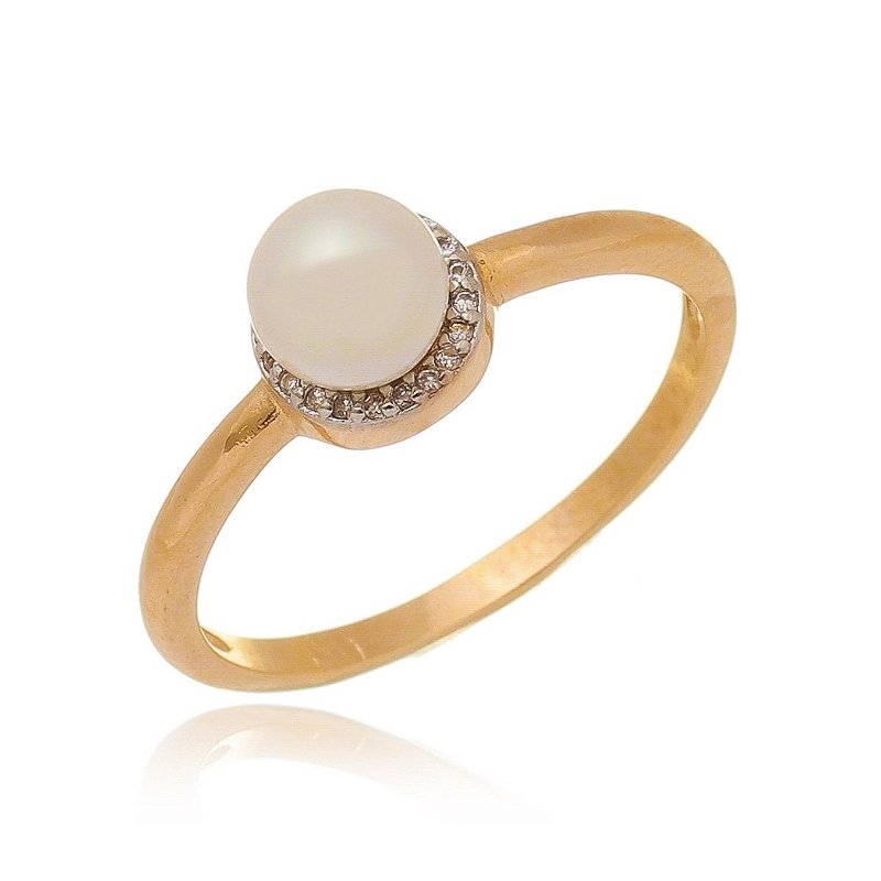 Anel pérola com zircônias folheado a ouro 18k