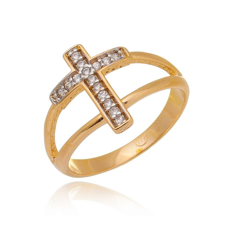 Anel cruz com zircônias folheado a ouro 18k