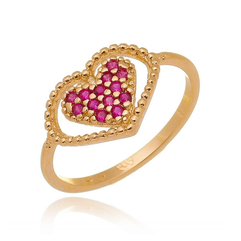 Anel coração com zircônias folheado a ouro 18k
