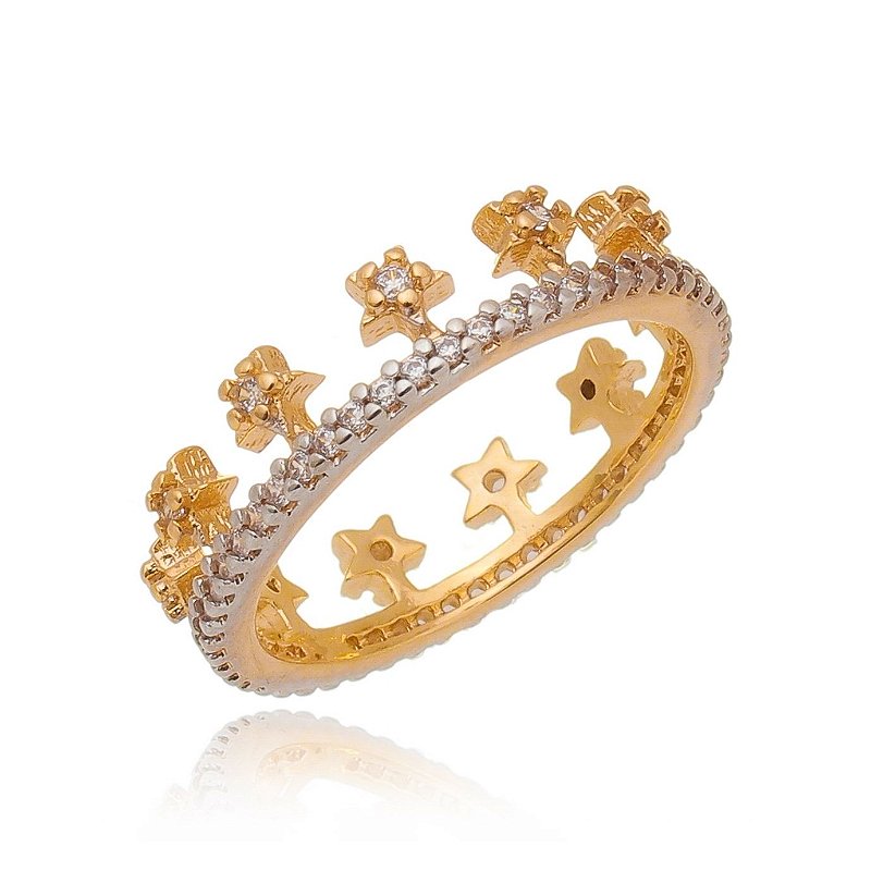 Anel coroa com estrelas folheado a ouro 18k