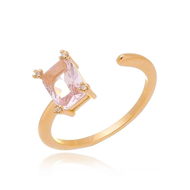 Anel aberto com zircônia rosa folheado a ouro 18k