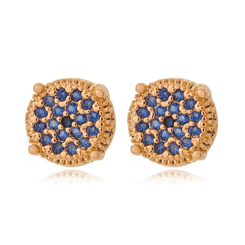 Brinco redondo com zircônias azuis folheado a ouro 18k