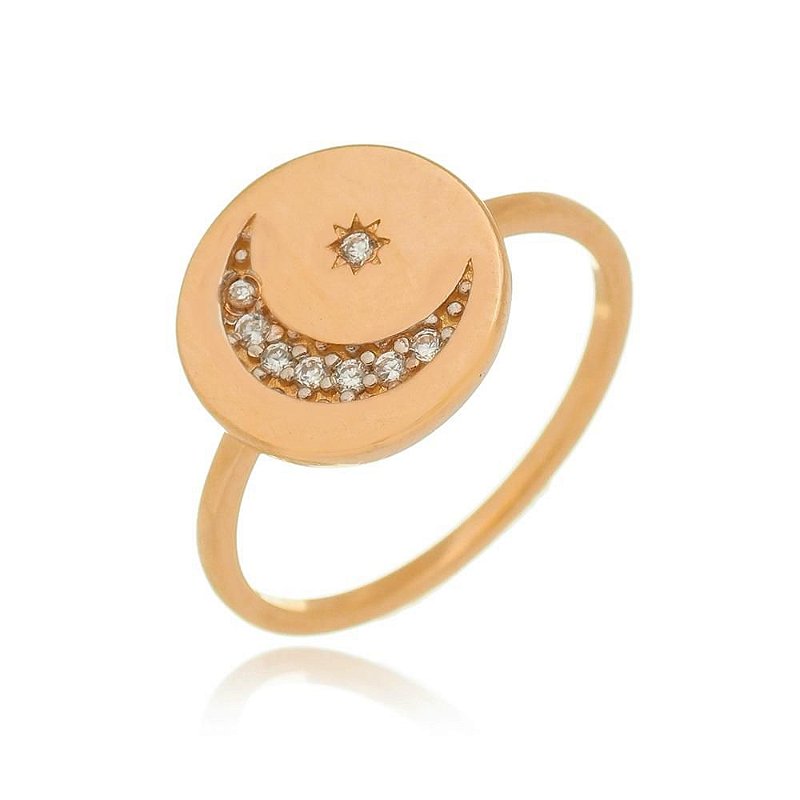 Anel lua e estrela com zircônias folheado a ouro 18k