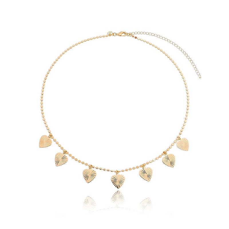 GARGANTILHA FOLHEADA A OURO 18K COM CORAÇÕES TRABALHADOS PENDURADOS